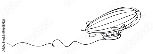 A continuous line drawing of a vintage blimp or airship with propellers, ascending gracefully, ideal for transportation history presentations, travel advertisements, or aviation industry