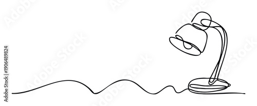 Dynamic single continuous line drawing illustrating a sleek desk lamp combined with an undulating horizontal line, perfect for conveying simplicity and connection in graphic templates or