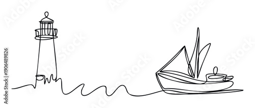 Minimalist continuous line drawing of a towering lighthouse guiding a small sailboat across calm sea waves, perfect for maritime themes and coastal decor applications.