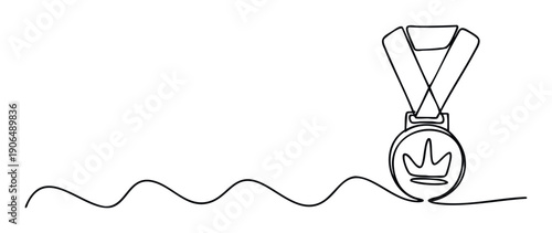 Continuous one line drawing of a medal with a crown symbol symbolizing success and achievement, perfect for sports recognition, award ceremonies, or motivational content