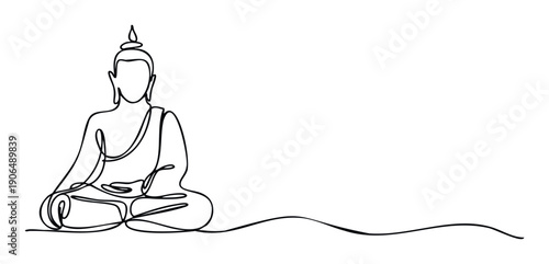 Serene Buddha figure in a continuous single line drawing style, meditating peacefully, ideal for spiritual wellness content, mindfulness applications, or tranquil design projects.