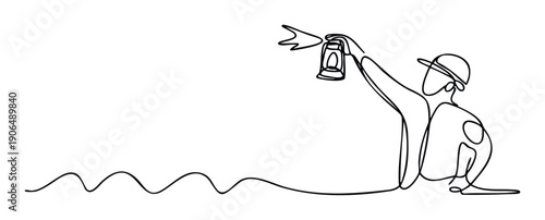 Continuous line drawing of a person wearing a cap holding a luminous lantern upwards, creating an inspiring visual for concepts of guidance, exploration, or discovery in various media