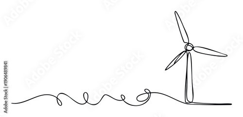 Simple continuous line drawing of a wind turbine symbolizing renewable energy and environmental sustainability, ideal for ecofriendly business presentations, educational materials, and