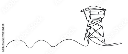 Elegant continuous line drawing of a seaside observation tower with flowing wavy lines, ideal for modern coastal design, travel agency promotions, or simple architectural illustrations.
