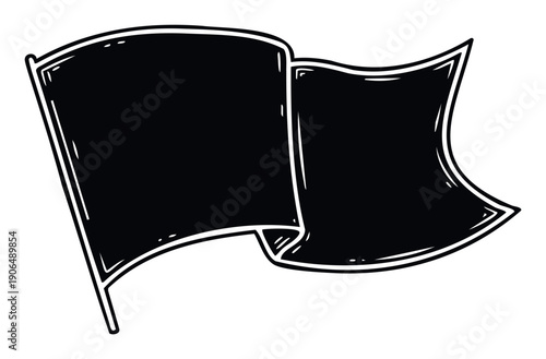 A graphic black flag with a thick white outline in a handdrawn style, suitable for various protest, event, or warning communication graphics and social media content.