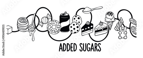 A visual representation of added sugars in common sweet treats and desserts including candy, soda, cookies, cake, and ice cream for health and nutrition educational materials or food
