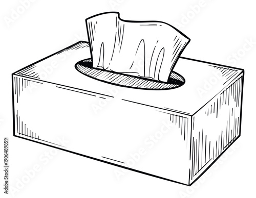 Hand drawn sketch of a rectangular tissue box with a single soft paper tissue emerging from the opening, useful for health, hygiene, or home product related content and printed materials.