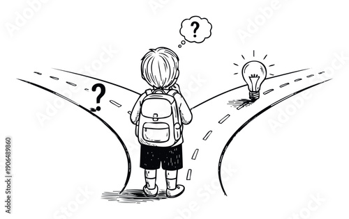 Young student contemplating a fork in the road with a question mark on one path and a glowing light bulb on the other, symbolizing choices, problemsolving, and educational decisions for