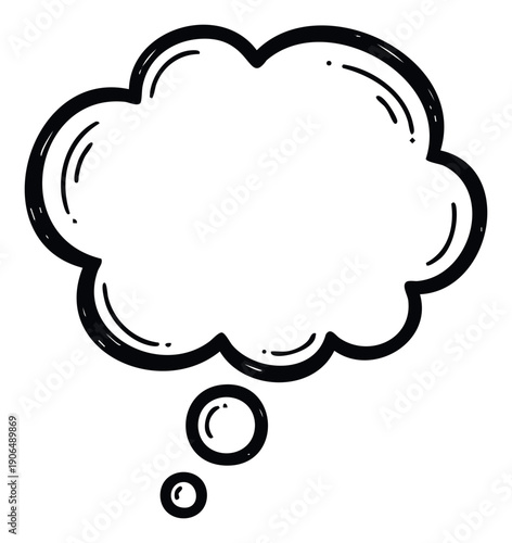 Hand drawn black and white thought bubble perfect for conveying ideas, dialogue, or internal monologue in comics, presentations, or web graphics and user interfaces.