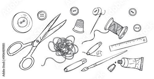 Collection of essential sewing and crafting tools depicted in a charming handdrawn style, perfect for educational materials, hobby blogs, and DIY project illustrations.