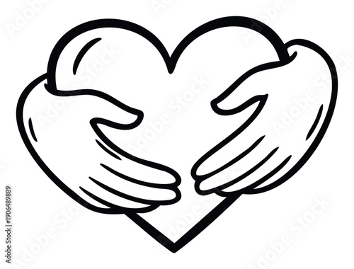 Simple line drawing symbolizing love and care with hands embracing a heart, perfect for topics of support, unity, relationships, and charitable organizations