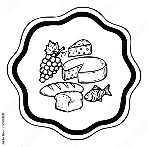 A hand drawn monochrome collection of grapes, cheese, bread, and fish, depicting a variety of food items for menus, grocery promotions, or culinary themed visual assets.
