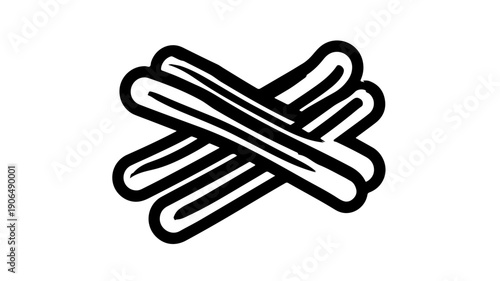 Minimalist black line icon of three crossed churro sticks on white background for food and dessert concepts