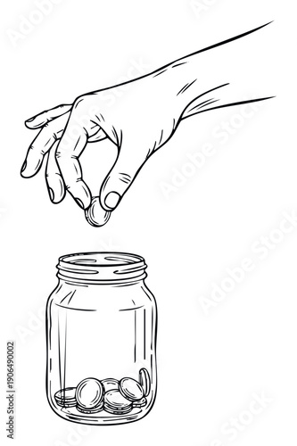 Hand dropping a coin into a glass jar for saving money and financial planning to illustrate personal finance goals or investment strategies