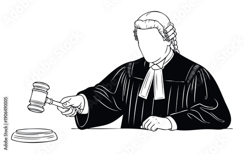 Courtroom justice figure in a ceremonial wig and robe raising a gavel to strike, representing legal decisions, authority, and formal court actions in educational and legal presentations.