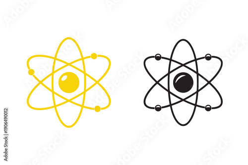 Atom icons with electrons orbiting a central nucleus on a white background.