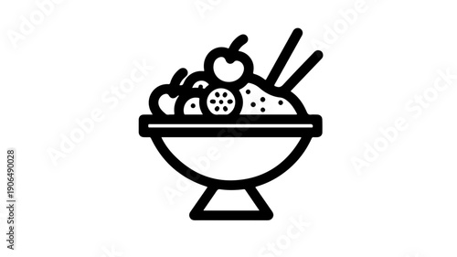 Minimalist black line icon of acai bowl with fruit and spoon on white background for healthy food concepts