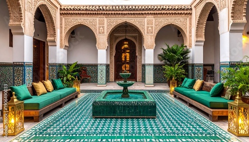 Sunlit riad courtyard with carved arches, tiled walls, and a central fountain, where emerald cushions, brass lanterns, and lush plants create a calm, luxurious Moroccan retreat
