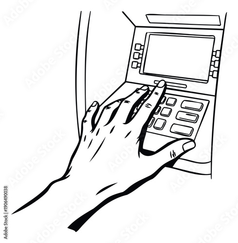 A persons hand pressing buttons on an automated teller machine keypad to perform a financial transaction, suitable for banking and security related visual content