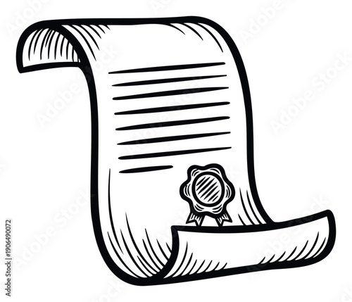 Classic hand drawn document scroll with text and wax seal representing official agreements contracts certificates or ancient historical records perfect for legal business educational or