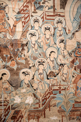 Ancient mythological story characters murals in the Dunhuang Caves of China.