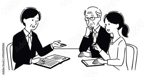 Asian professional explaining documents to an Asian elderly man and young woman during a financial consultation or business meeting for important decisions