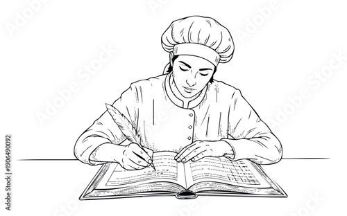 Dedicated chef diligently records timeless culinary recipes in an old book using a traditional quill pen, ideal for food history presentations, cooking class brochures, or restaurant menu