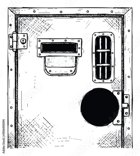 Heavy metal prison cell door with secure lock, food slot, and barred peephole creating a stark visual for themes of confinement and security in historical or narrative projects