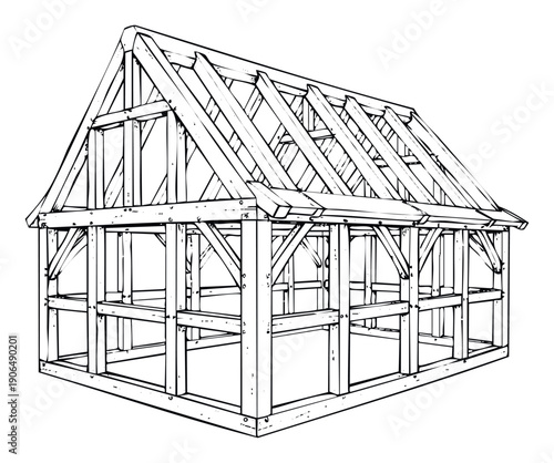 Detailed architectural drawing of a timber frame house under construction showcasing the intricate wooden structural framework ideal for building design presentations and educational