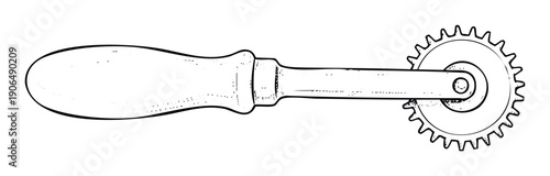 Traditional hand tool tracing wheel with a serrated edge and wooden handle, useful for textile crafts, pattern marking, sewing projects, and culinary applications.