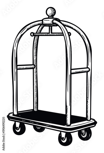 Essential hotel luggage cart in a handdrawn black and white style, perfect for illustrating hospitality services, travel guides, and luxury accommodation brochures.