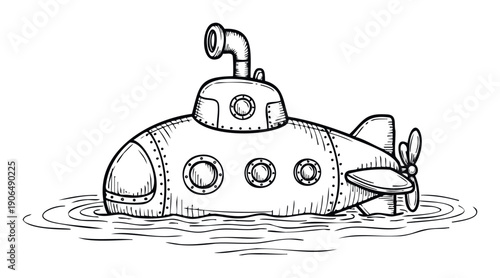 A hand drawn sketch of a classic submarine surfacing in calm water, perfect for childrens books, educational materials, or marine exploration themes for various projects.