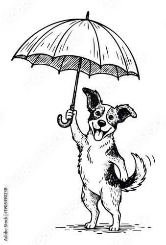 Playful canine with a joyful expression standing on its hind legs holding an open umbrella, excellent for familyfriendly publications, animal welfare campaigns, and seasonal event