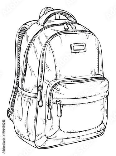 Handdrawn outline of a durable school backpack featuring multiple zippered compartments and comfortable padded straps, perfect for educational materials, travel planning resources, or