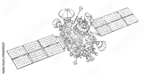 Detailed line drawing of a sophisticated space satellite equipped with solar panels and communication dishes, ideal for science, technology, and engineering educational materials.