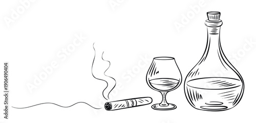 Hand drawn illustration of a sophisticated decanter, glass of fine spirits, and a smoking cigar, perfect for luxury lifestyle advertising and elegant branding materials.