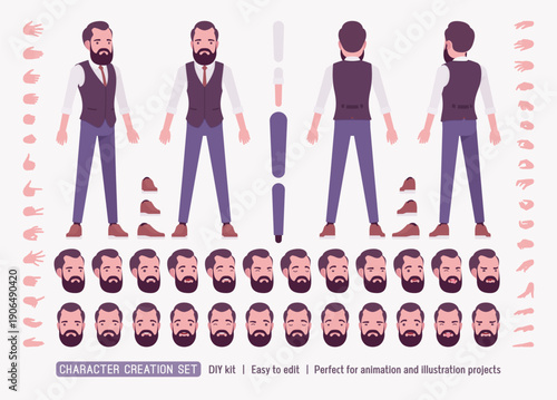Modern business leader, smart businessman DIY character creation set, male model in vest, shirt, body figure parts. Head, leg, hand gestures, different emotions, construction kit. Vector illustration