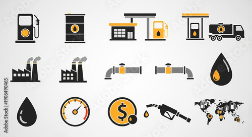 Collection of oil and gas industry icons and symbols.