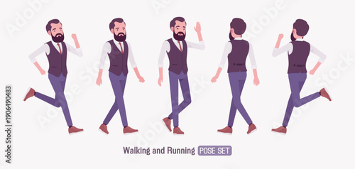 Modern business leader, smart businessman running pose set. Entrepreneur in high-quality formal attire tailored vest, innovative startup developer, lecturer. Vector flat style cartoon illustration