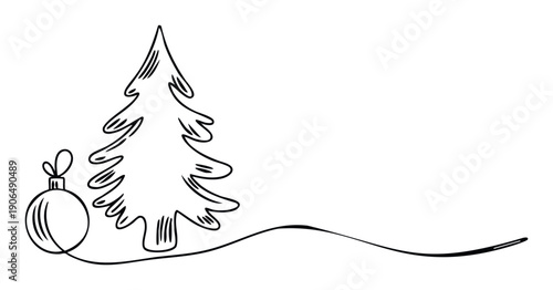 Minimalist continuous line drawing of a Christmas tree and a festive ornament, perfect for holiday greeting seasonal web and print media marketing campaigns