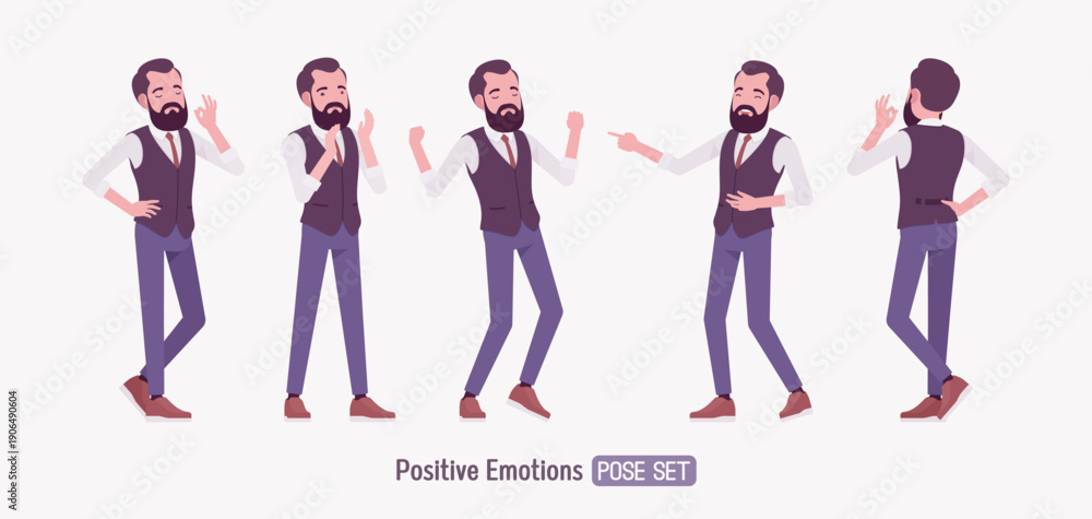Fototapeta premium Modern business leader, smart businessman happy pose set. Entrepreneur in high-quality formal attire tailored vest, innovative startup developer, lecturer. Vector flat style cartoon illustration