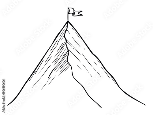 Line drawing of a rugged mountain peak with a flag at its summit symbolizing ambition achievement success and overcoming obstacles for motivational business and personal development media