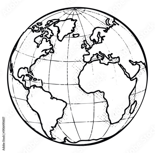 Hand drawn world globe sketch depicting continents and meridians suitable for educational graphics or international business presentations