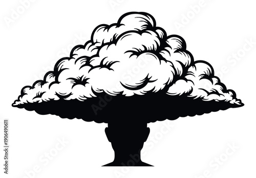 Powerful visual of a human head silhouette with an expansive cloud formation, symbolizing mental explosion and intense thinking for educational or psychological presentations.