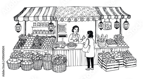 Female market vendor serving a customer with fresh fruits and vegetables at a bustling outdoor produce stand, highlighting local commerce and healthy food purchases.