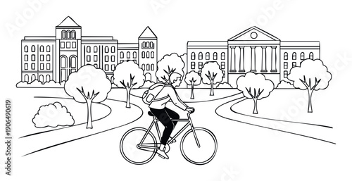 Student riding a bicycle through a vibrant university campus park with various academic buildings and trees, perfect for educational and naturethemed school publications