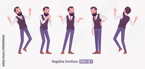 Modern business leader, smart businessman unhappy pose set. Entrepreneur in high-quality formal attire tailored vest, innovative startup developer, lecturer. Vector flat style cartoon illustration