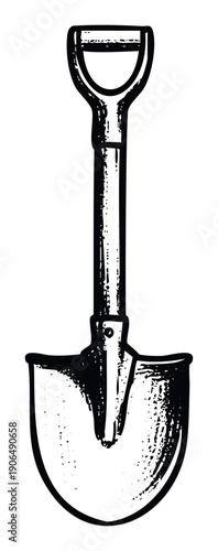 A handdrawn grunge style shovel featuring a durable Dhandle and broad scoop for gardening and construction projects, suitable for workshop manuals or outdoor equipment advertisements.