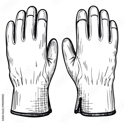 Classic handdrawn work gloves in a vintage sketch style, perfect for safety product catalogs, gardening illustrations, or industrial graphic designs.