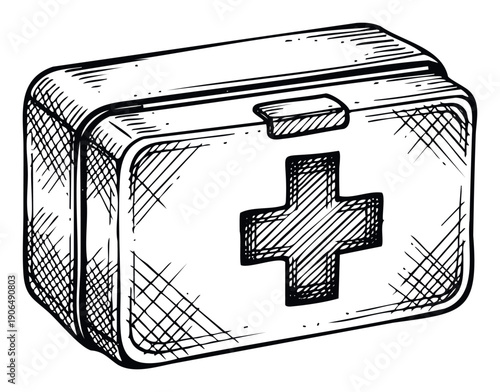 A utilitarian first aid kit with a prominent cross symbol is depicted in a monochromatic sketch style, suitable for medical education materials, health awareness campaigns, or healthcare